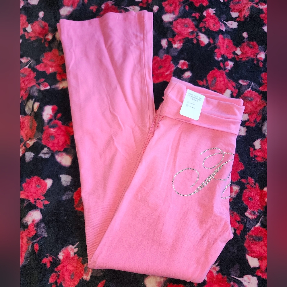 VS PINK Carmine Rose Bling Foldover Flare Leggings Size Medium NWT - Picture 6 of 10